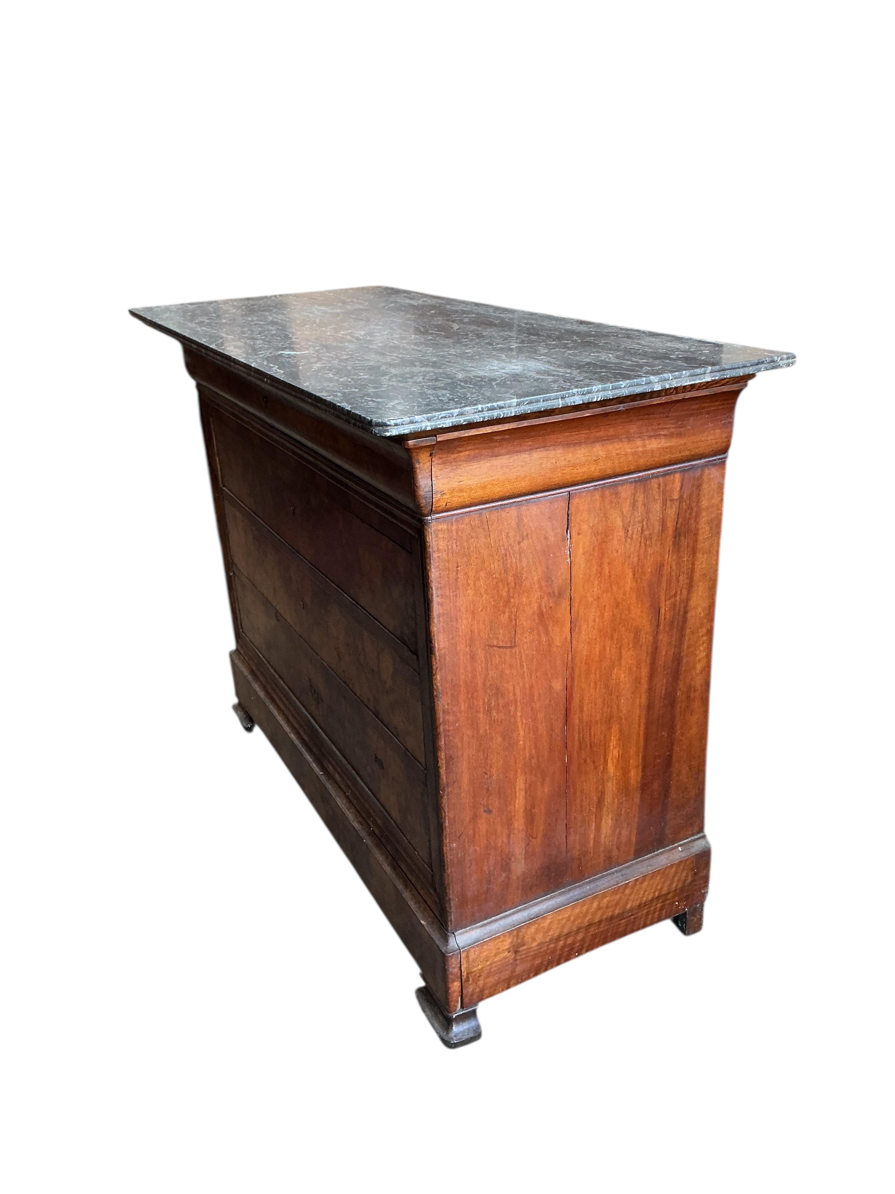 A 19th century French burr walnut marble top commode, width 127cm, depth 57cm, height 95cm